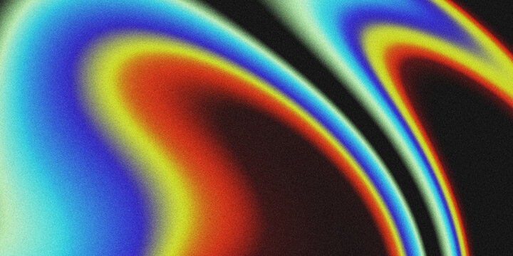 Abstract grainy texture background with dynamic fluid neon swirls, featuring smooth blue, yellow, and orange gradient waves on a black backdrop.