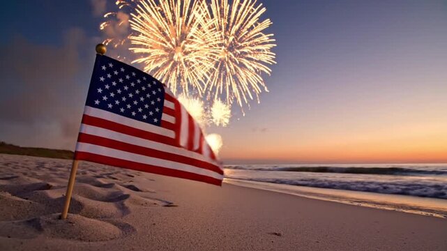 American flag waving on beach at sunset with fireworks celebration for independence day united states