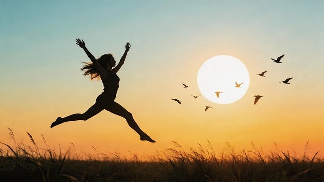 Silhouette of happy woman jumping freely in field at sunset with birds flying against warm sky background expressing joy and freedom