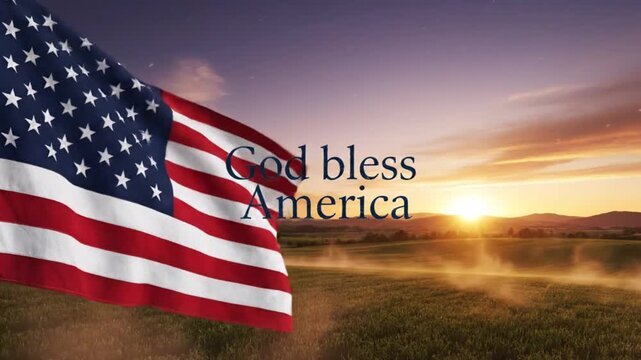American flag waving in sunset with god bless america text overlay patriotic background, for memorial day, independence day, and, national holidays