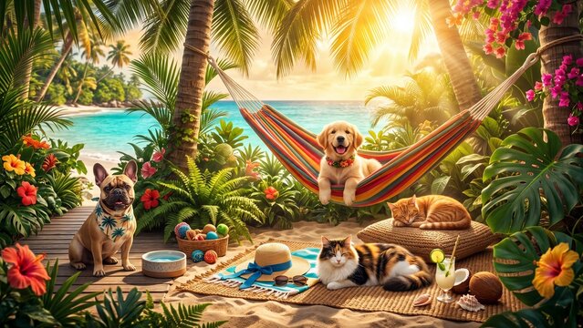 Pets enjoying tropical beach paradise. Summer vacation relaxation concept for animal lovers