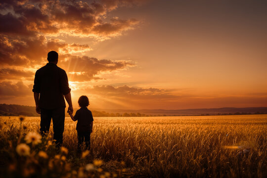 Father's Day silhouette father and child holding hands in golden wheat field at golden hour paternal love guidance legacy protection family bond nostalgic landscape