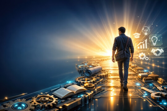 World Youth Skills Day young professional walking on luminous gear and circuit bridge symbolizing skills training education apprenticeship employability entrepreneurship workforce readiness