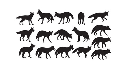 Set of wild fox silhouettes in various poses and movements captured from different angles for natural wildlife graphics.