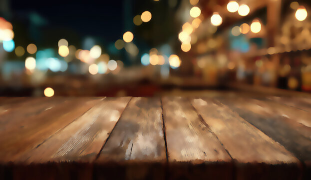 Warm, rustic wooden tabletop blurs into a bokeh-filled, softly lit evening bar atmosphere