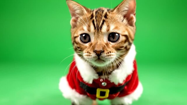 Cute bengal cat dressed in santa claus costume looking directly at camera against green background during holiday season