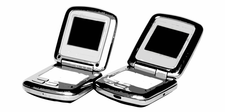 two silver flip phones open on white background