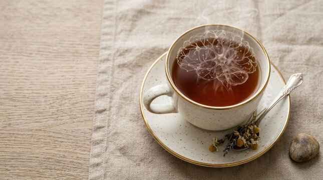 Steaming cup of herbal tea on ceramic saucer with dried flowers beside it evokes calming concept of wellness supporting pancreas liver and stomach health naturally