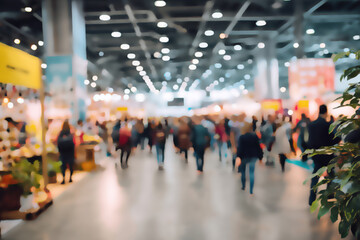 Obraz premium Blurred, busy indoor exhibition hall with many people walking