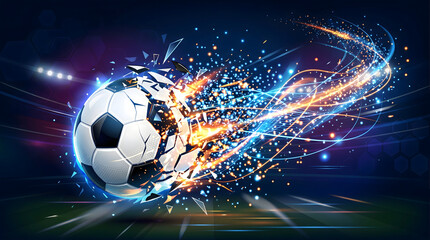 Fototapeta premium Explosive soccer ball illustration with vibrant energy trails, symbolizing dynamism and sports excitement