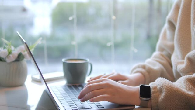Person types on laptop near window with coffee cup. Hands visible, wearing watch. Background has soft natural light and blurred greenery. Small potted plant beside laptop