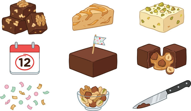 Chocolate Fudge and Nougat Sweet Vector Set with Nuts Pistachio Caramel Calendar Confetti Knife Bowl Flat Style Illustration