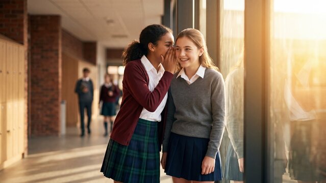 African American teenage girl whispering to Caucasian classmate in sunny school hallway. Youth friendship, school gossip and bonding concept among students
