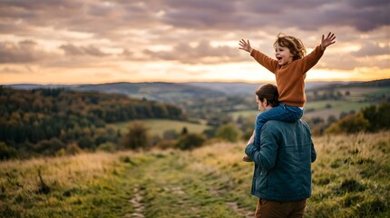 Fototapeta premium Happy child riding on fathers shoulders in a meadow at golden hour
