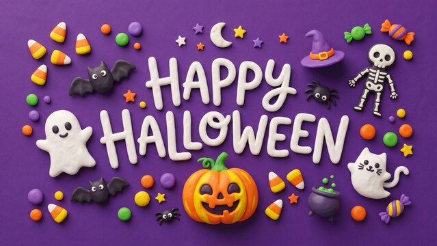 Happy Halloween clay text with jack-o-lantern pumpkin ghost bat skeleton witch hat black cat cauldron on purple background. Spooky festive composition for holiday greetings and autumn decorations