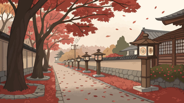 Autumn scene with red trees and traditional japanese buildings and lanterns