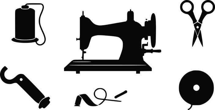 Sewing machine, tools, icon set, nobody, black, silhouette, sewing, thread, spool, scissors, button, hook, transparent background
