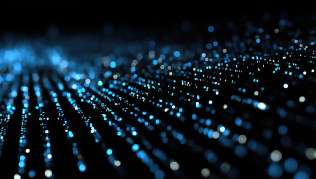 Glowing blue and white particles create an ethereal, abstract digital landscape