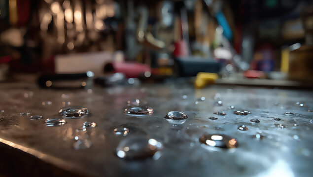 Close-up of water droplets on a textured workbench, tools in background
