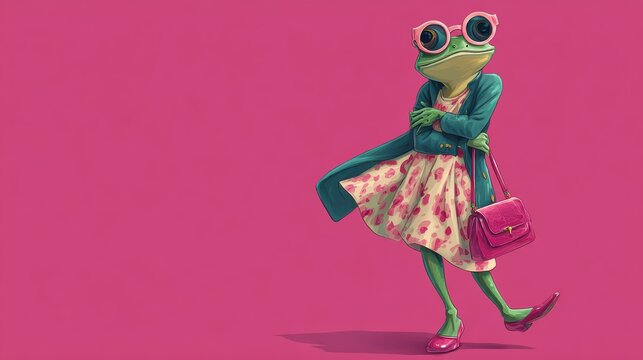 Anthropomorphic frog mascot in girly outfit, walking on two legs, vibrant green skin, pink shoes, pink bag, elegant shy pose, sunglasses on eyes