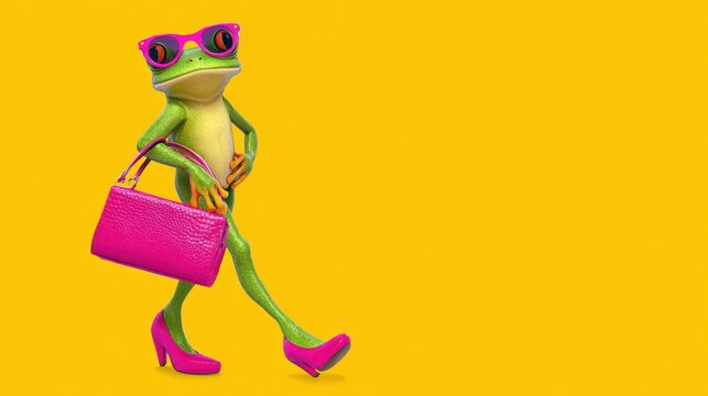 Anthropomorphic frog mascot in girly outfit, walking on two legs, vibrant green skin, pink shoes, pink bag, elegant shy pose, sunglasses on eyes