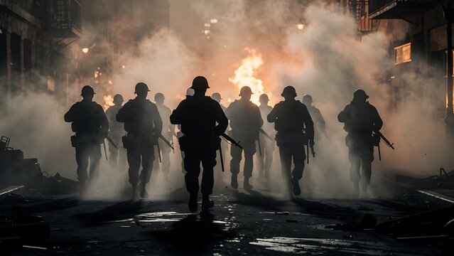 Protesters marching through smoky city streets.