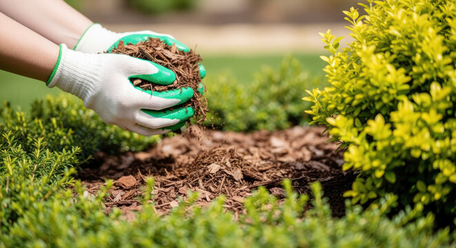 Hands wearing gloves applying mulch to a garden bed surrounded by lush green shrubs in a well-maintained outdoor space