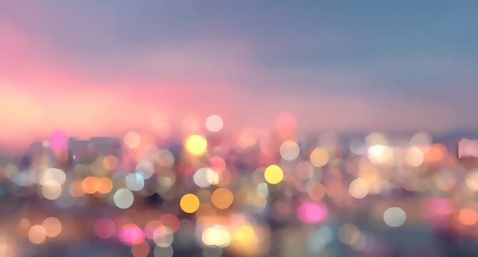 Blurred urban lights at twilight with soft pastel hues of pink, purple, and blue