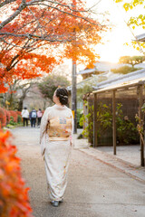 Obraz premium Maple leaves turning red in the autumn season in Kyoto. Back view a woman wearing Japanese traditional kimono walking on Philosopher's Path ( Tetsugaku No Michi ). Fall foliage in Japan.