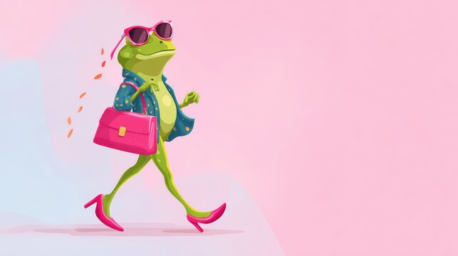 Cute feminine frog mascot illustration, vibrant green frog standing on two legs, pink shoes, pink handbag, shy walk