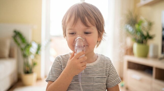 Boy using nebulizer to inhale medication. Toddler treating asthma at home with respiratory therapy. Child health care in sunny living room with plants and furniture for pediatric wellness