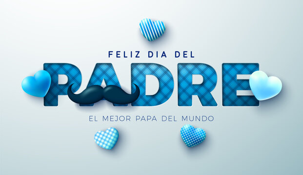 Happy Father's Day Greeting Card Design with Mustache, Heart and Cutout Typography Lettering on White Background. Feliz Dia del Padre Spanish Language Vector Illustration for Loved and Best Dad