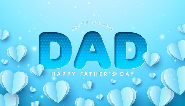 Happy Father's Day Greeting Card Design with Cut Out Typography Lettering and Heart on Blue Background. Vector Best Dad Celebration Illustration Template for Party Flyer, Post Card, Sale Invitation