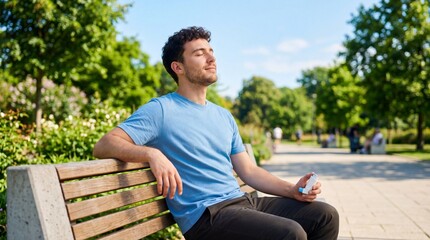 Obraz premium Man breathing deeply with inhaler while sitting on park bench in green outdoor setting. Asthma relief and allergy management concept for respiratory health awareness on world asthma day