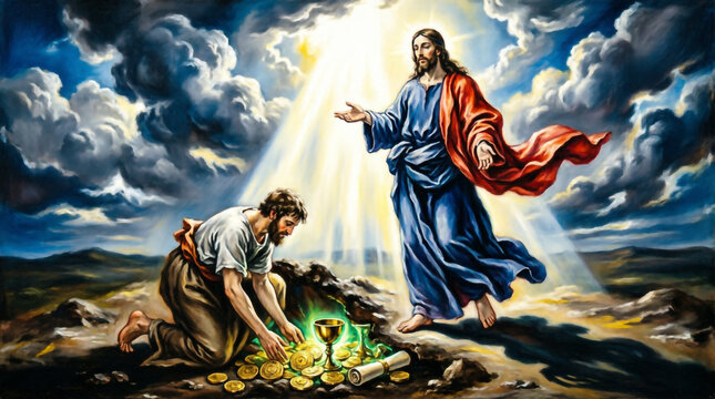 Jesus reveals the hidden treasure parable to devoted disciples in a golden field.