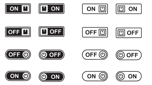 Minimalist power switch icon set, black and white on off toggle buttons, 16 vector UI elements for web and app interface design