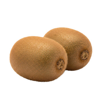 Two whole oval hayward kiwi fruits with brown fuzzy skin resting on a white studio surface creating a fresh and healthy food concept