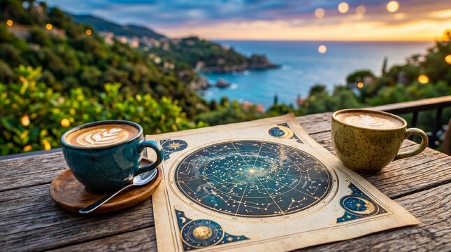Two cappuccinos beside celestial map on wooden table with coastal sunset view. Astronomy and stargazing concept for International Planetarium Day