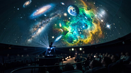 Naklejka premium Planetarium show with projected galaxies nebula and earth. Astronomer presenting cosmic universe to audience in domed theater