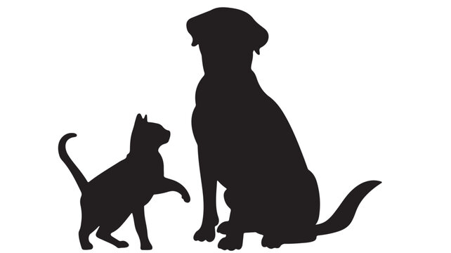 Minimalist cat and dog silhouette vector, black pet animal silhouettes on white background, veterinary clinic and pet shop logo graphics