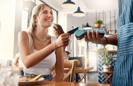 Server, pos machine and customer with credit card in restaurant, bill settlement and money transfer. Smile, woman and waiter with fintech for electronic transaction, digital service and order payment