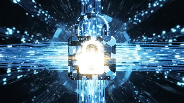 Digital lock with data streams representing smart infrastructure and data-driven solutions