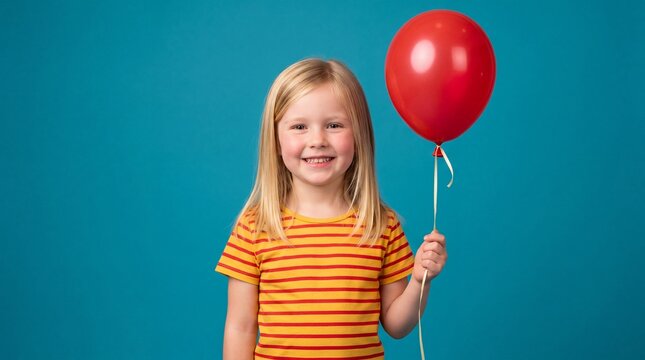 Smiling blonde girl holding red balloon. Happy child portrait on blue background. Symbol of hope and joy for international missing children day awareness