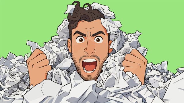 Panicked man surrounded by crumpled paper documents