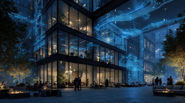 Modern glass office building at night with glowing blue digital network overlays.