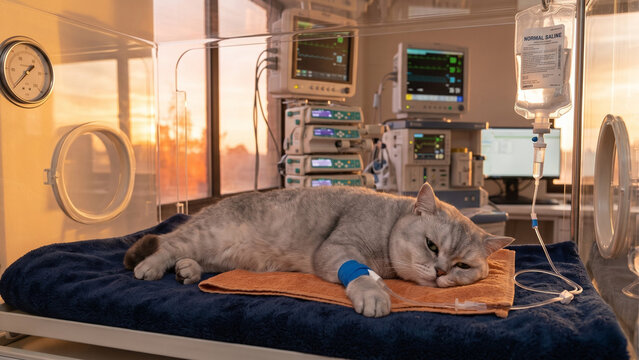 Unwell British Shorthair cat inside veterinary incubator, oxygen chamber, with an IV drip of normal saline for medical treatment and care.