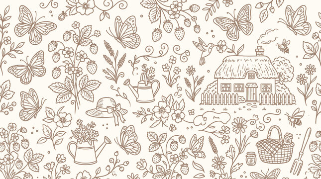 Charming hand-drawn seamless pattern of a rustic cottage, butterflies, flowers, and garden elements.