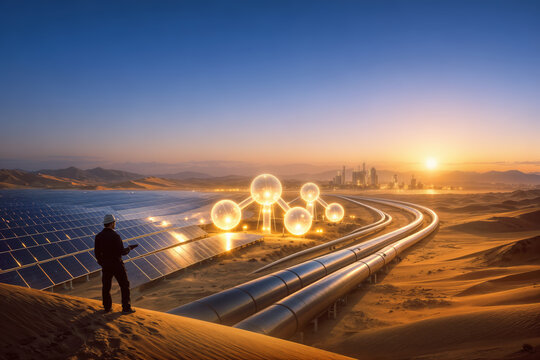Sahara solar to hydrogen energy corridor with futuristic solar farm morphing into glowing hydrogen molecule structures and export conduits, engineer silhouette, desert energy export concept
