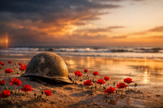 D-Day June 6 Normandy Omaha Beach World War II military helmet and red poppies on desolate beach at golden hour remembrance sacrifice liberation