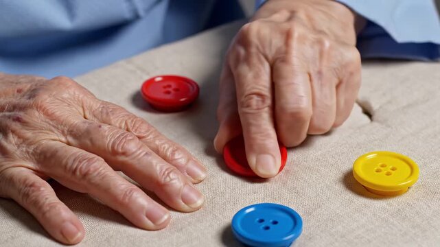 Delicate hands carefully manipulate vibrant colored buttons, showcasing a mix of focus and joy. The soft texture of the fabric and natural light enhance the playful atmosphere, encouraging creativity.